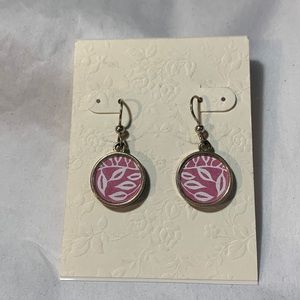 Pink and Silver Drop Earrings with Leaf Design